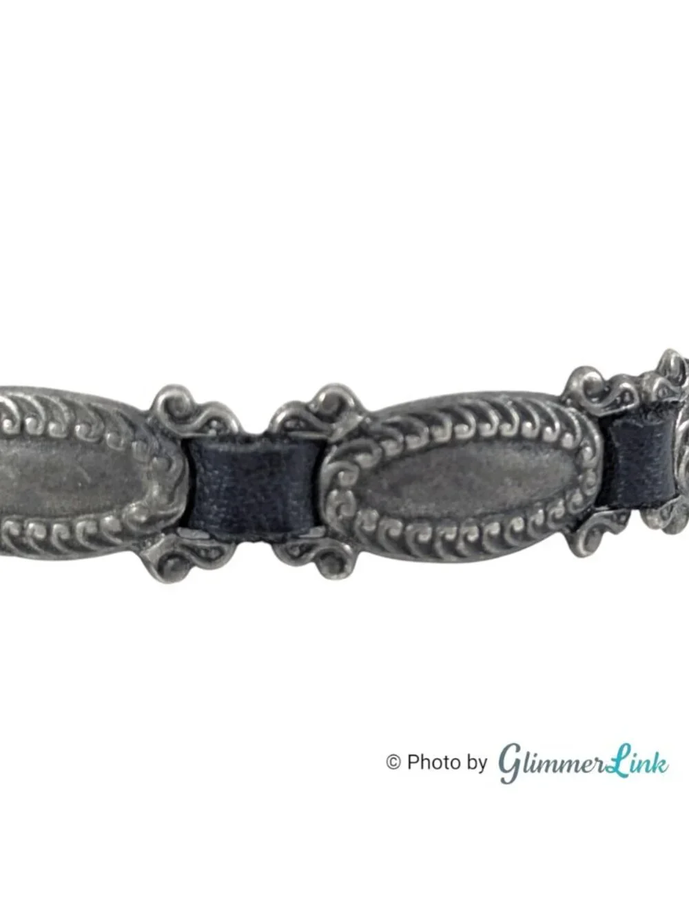 Vintage Western Concho Link Bracelet Black Leather Silver Tone 7 Inch